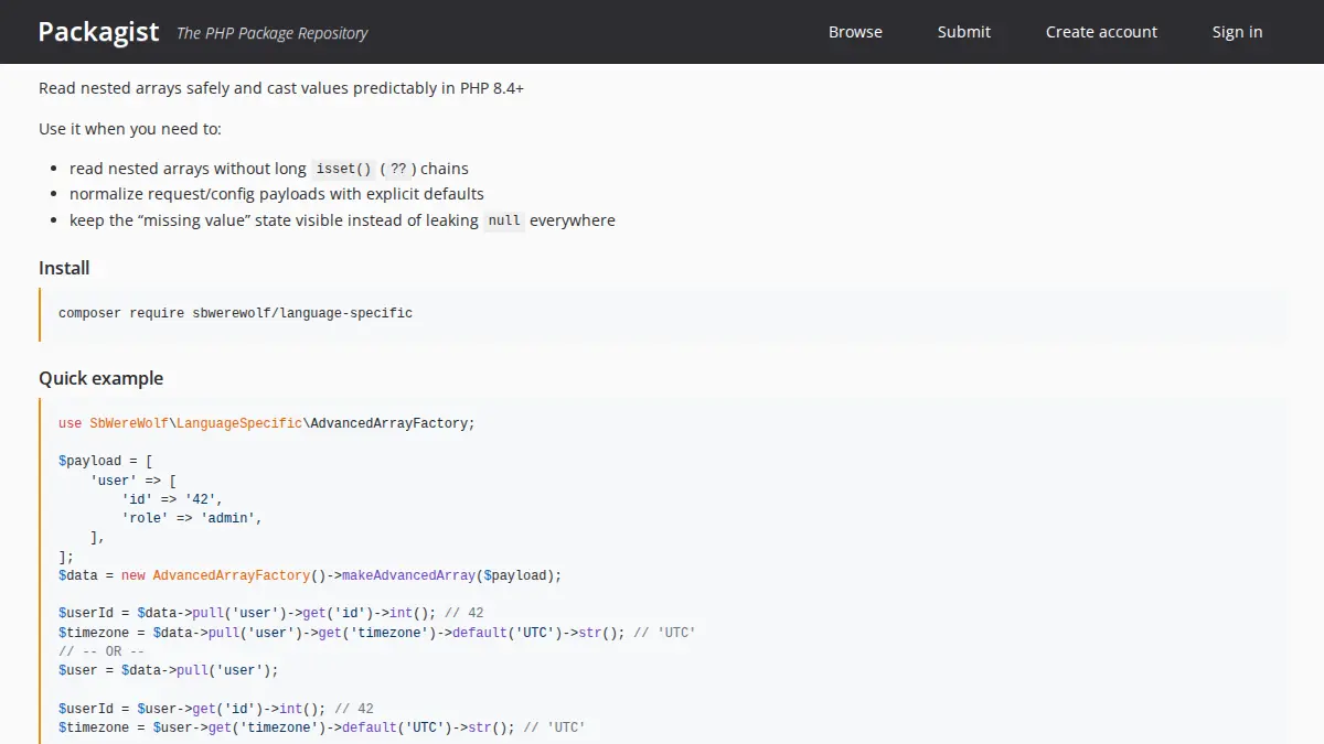 sbwerewolf/language-specific Packagist README preview